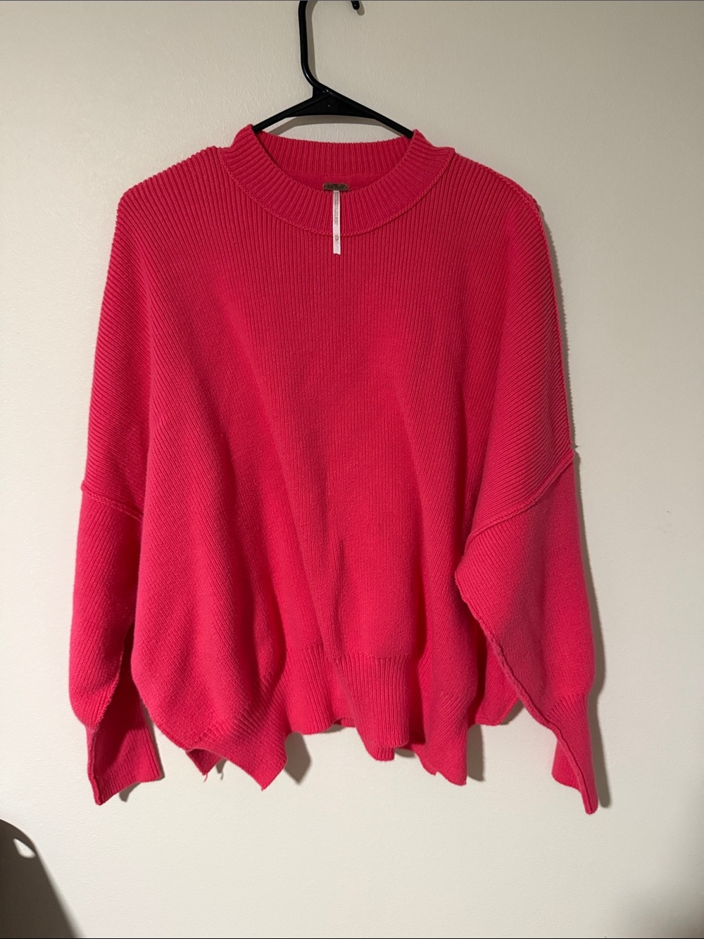 Free People Vibrant Pink Ribbed Crewneck Sweater
